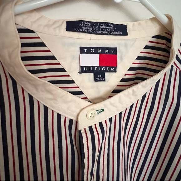 Vtg Tommy Hilfiger grandad Shirt Sz XL Crest Striped Poplin Band Collar preppy - Picture 8 of 16